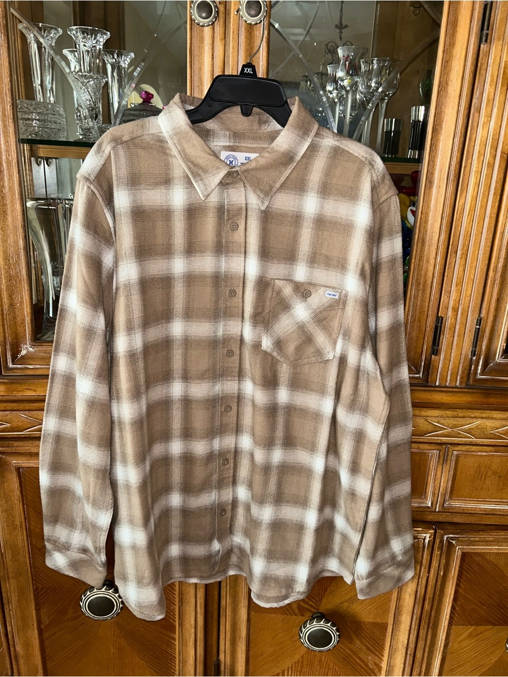 Hurley Brown and Cream Plaid Button-Down Shirt - Casual Long Sleeve
